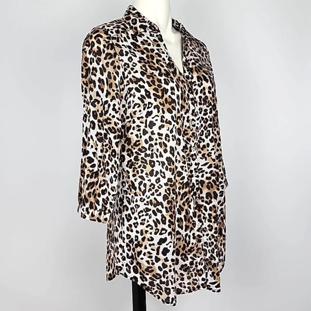 DEX Fresh Women's Cotton Long Shirt Top Leopard Print Roll Up Sleeves Size M - Picture 4 of 15